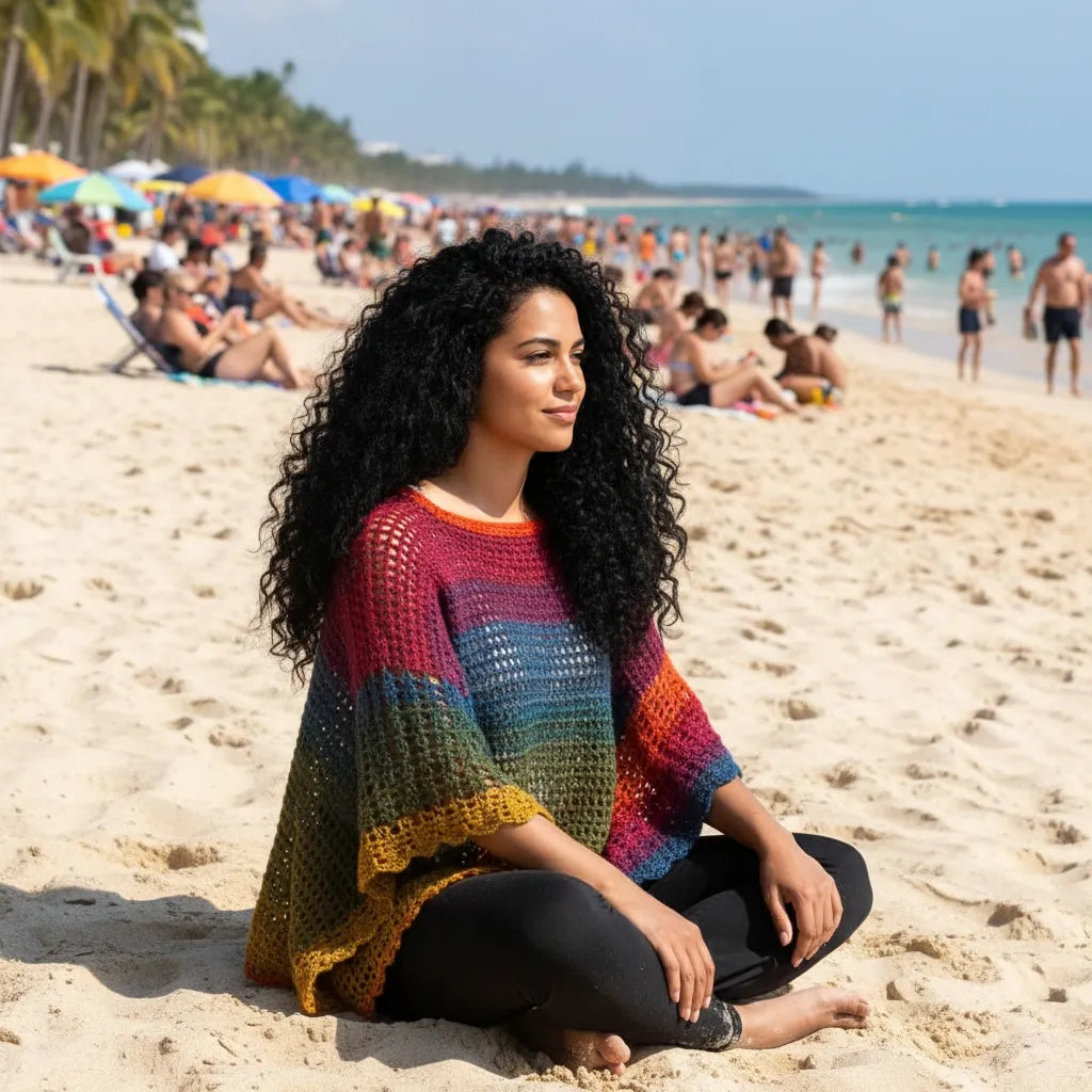 Poncho Makun - vue de côté assise sur la plage de sable blanc avec palmiers et parasols colorés
