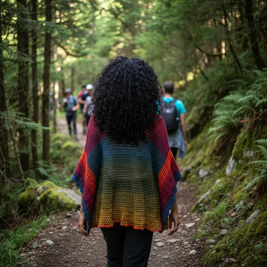 Poncho Makun arc-en-ciel multicolore avec dégradé - vue de dos d'une femme marchant sur un chemin forestier fréquenté