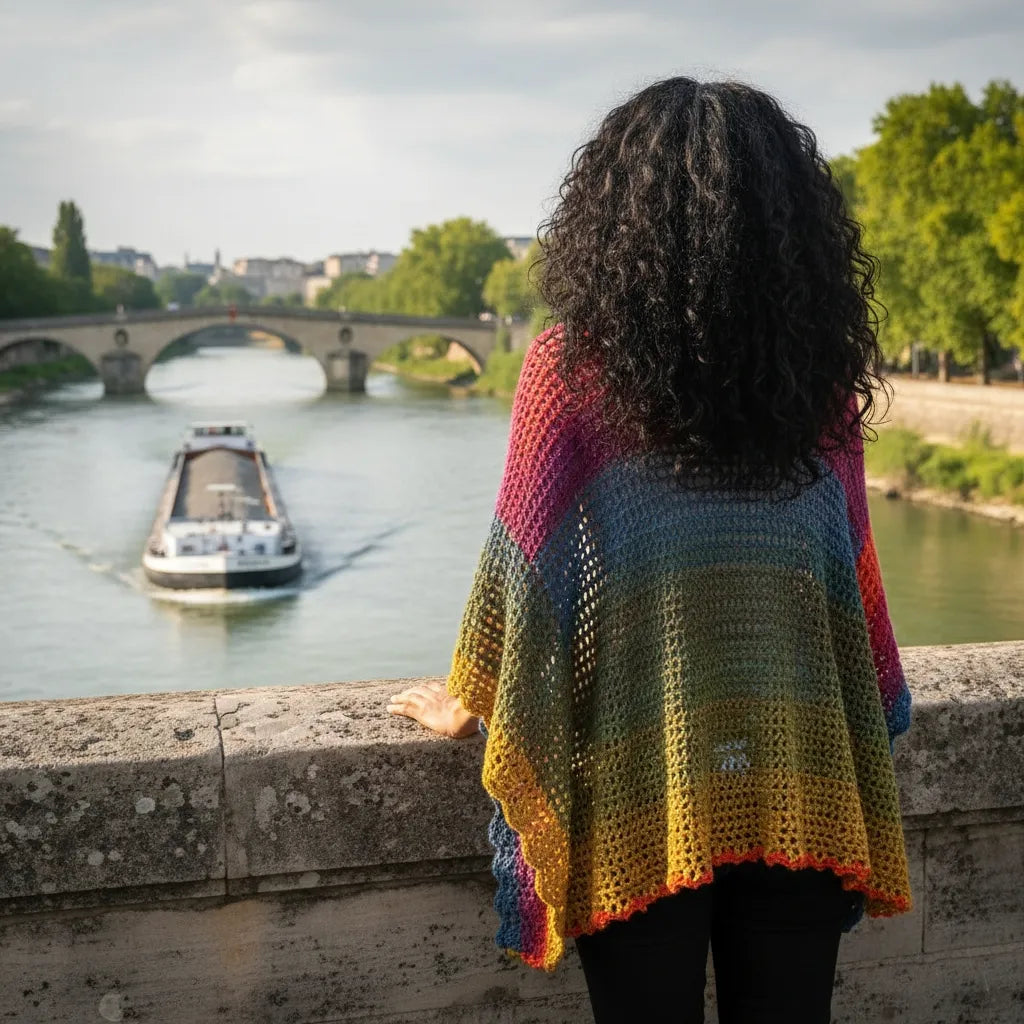 Poncho Makun - vue de dos sur les quais de Seine à Paris avec péniche et pont en arrière-plan