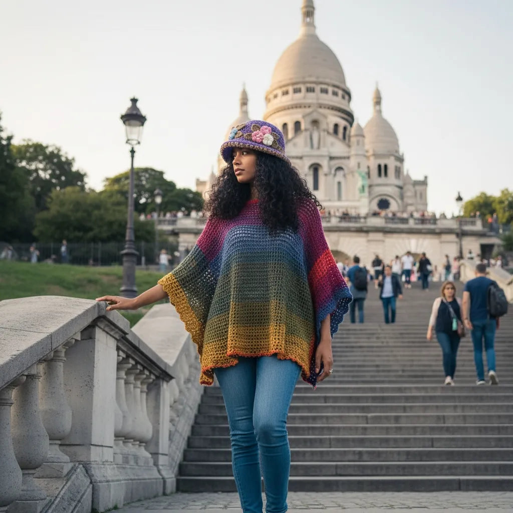 Poncho Makun arc-en-ciel multicolore avec dégradé - vue sur les escaliers de Montmartre avec le Sacré-Cœur en arrière-plan