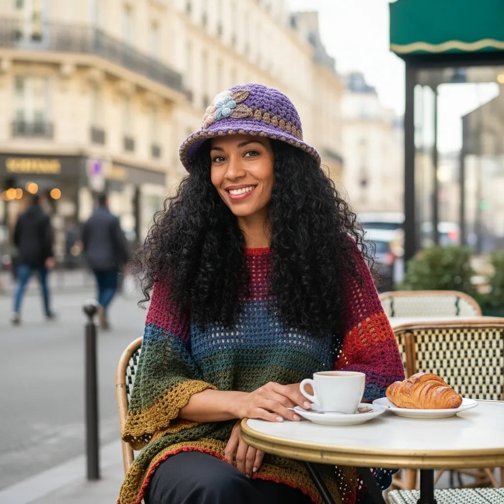 Poncho Makun - vue de face à la terrasse d'un café parisien avec croissant et café