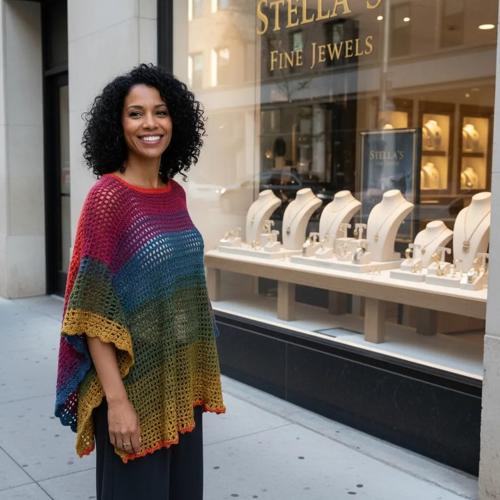 Poncho Makun arc-en-ciel multicolore avec dégradé - vue de dos devant une bijouterie de luxe dans une rue commerçante