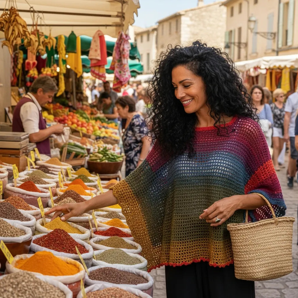 Poncho Makun arc-en-ciel multicolore avec dégradé bordeaux rouge orange jaune vert bleu violet en crochet fait main - vue de face au marché provençal avec étals d'épices colorées et panier en osier