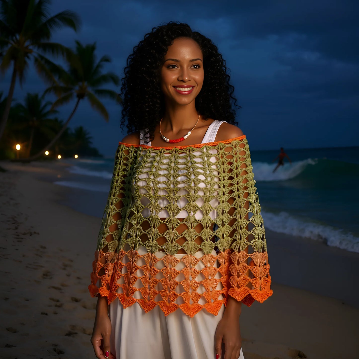  Poncho fait main Olivette en coton dégradé vert olive orange porté au crépuscule plage tropicale