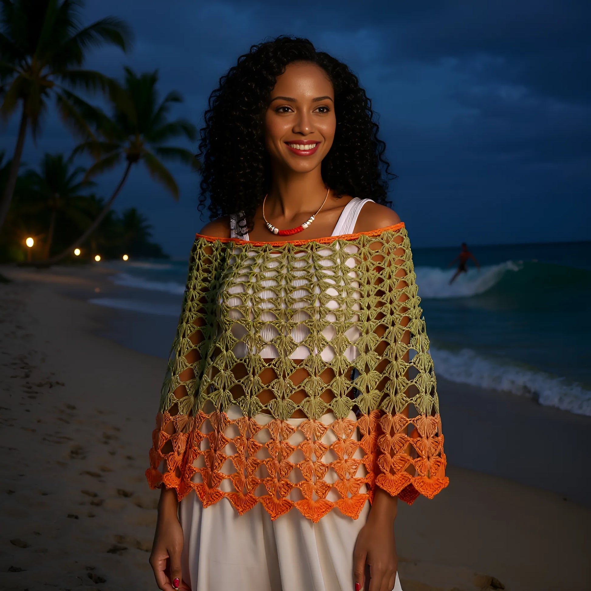  Poncho fait main Olivette en coton dégradé vert olive orange porté au crépuscule plage tropicale