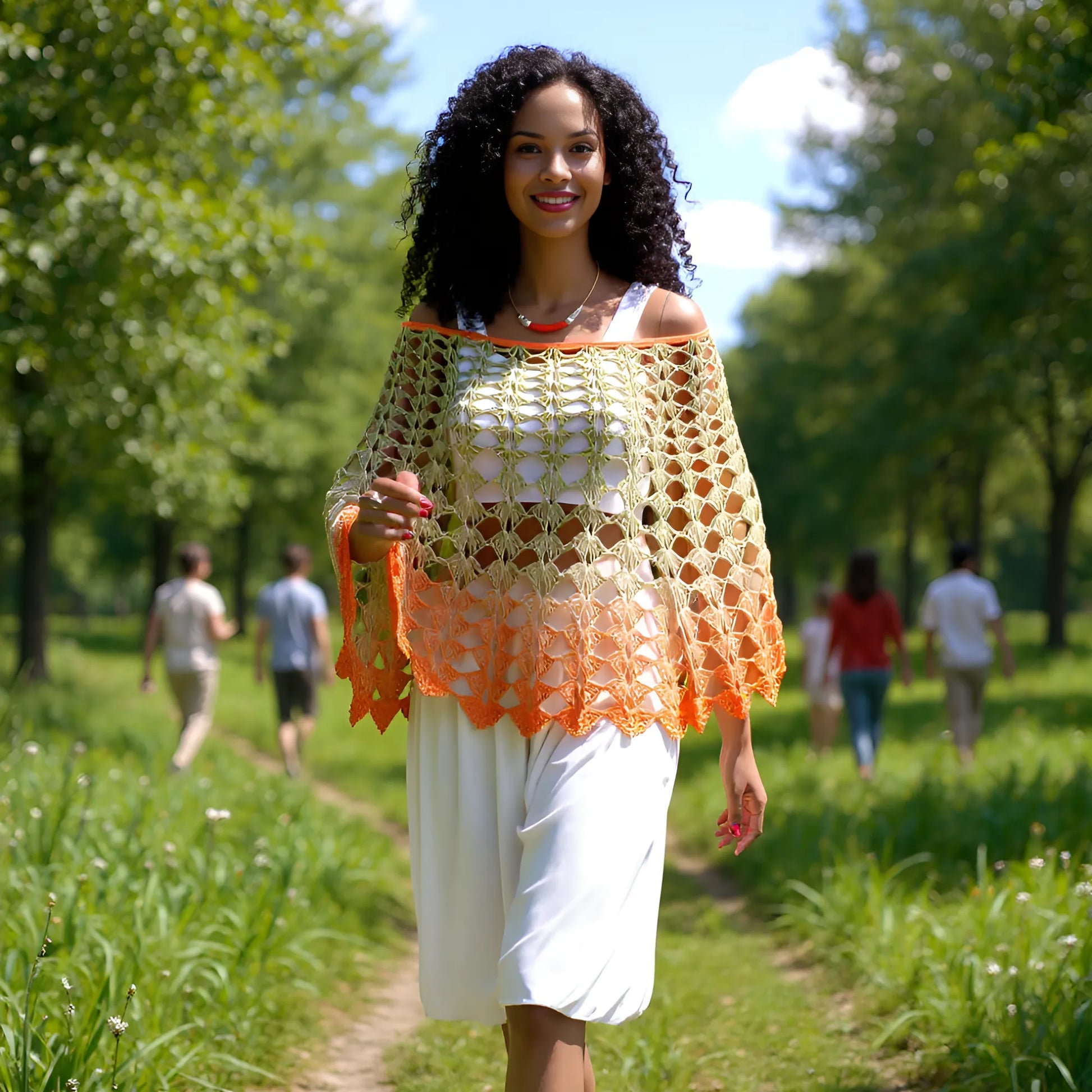 Poncho au crochet Olivette dégradé vert olive vers orange porté dans parc verdoyant