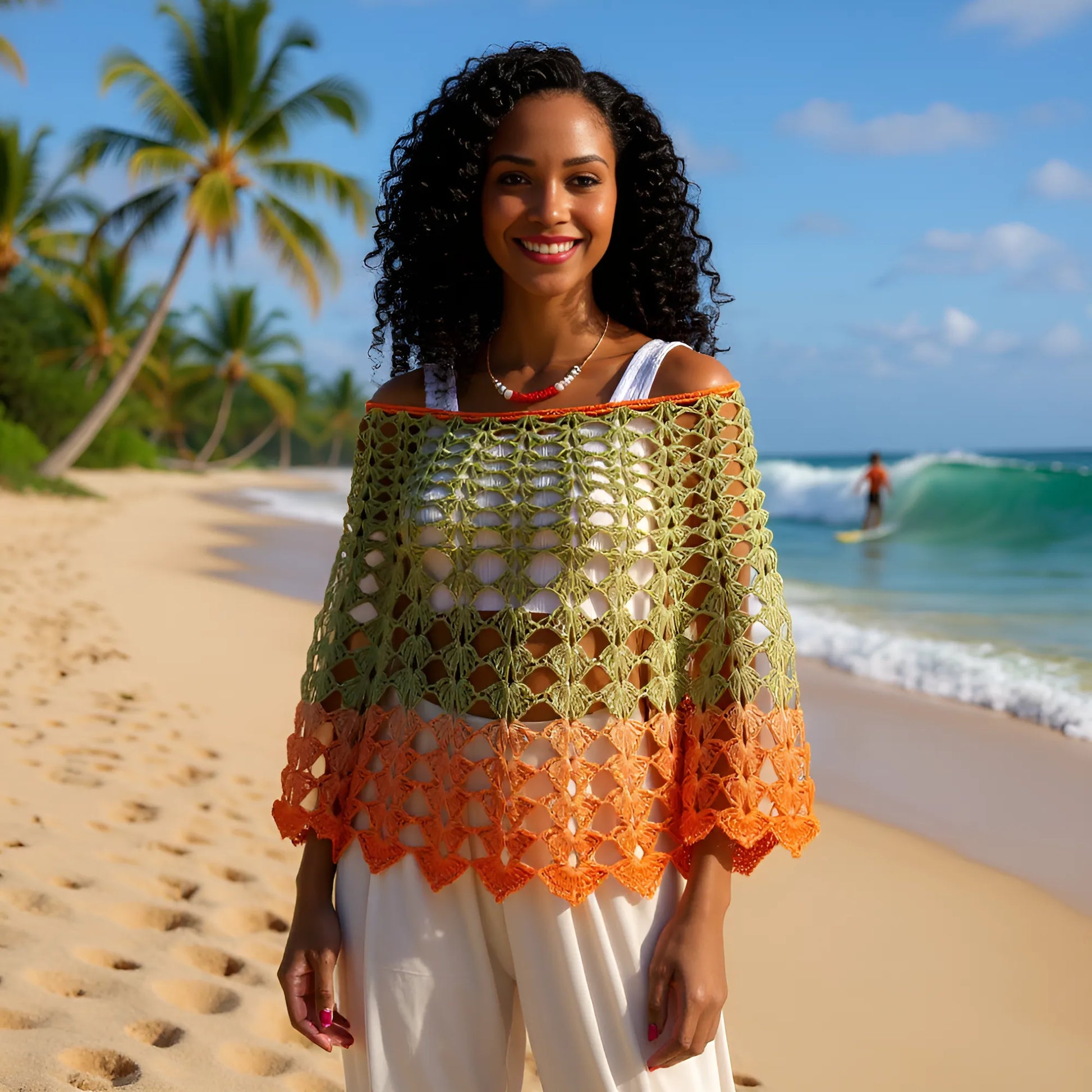 Poncho au crochet Olivette taille unique dégradé vert olive orange porté de face plage tropicale