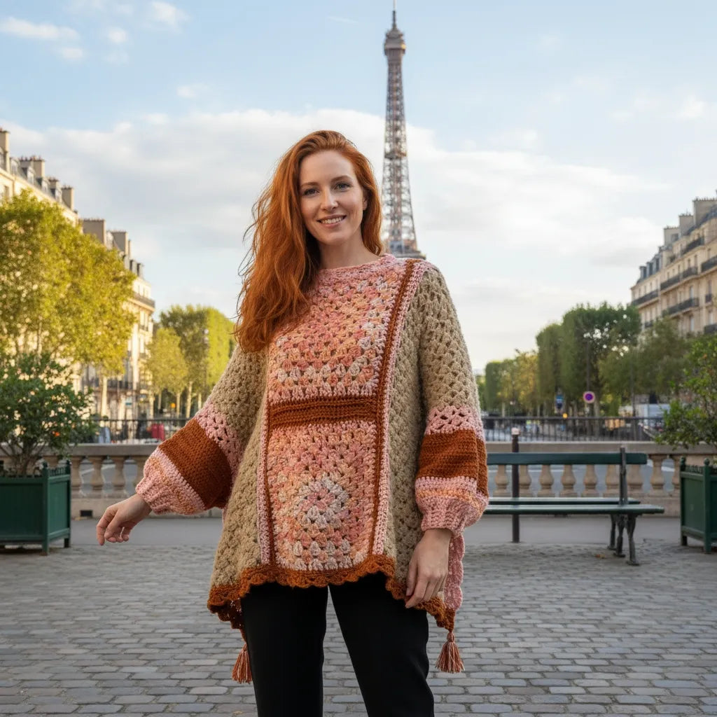 Poncho au crochet Pipistrello de Cachalabibi - vue de face avec la tour Eiffel en arrière-plan