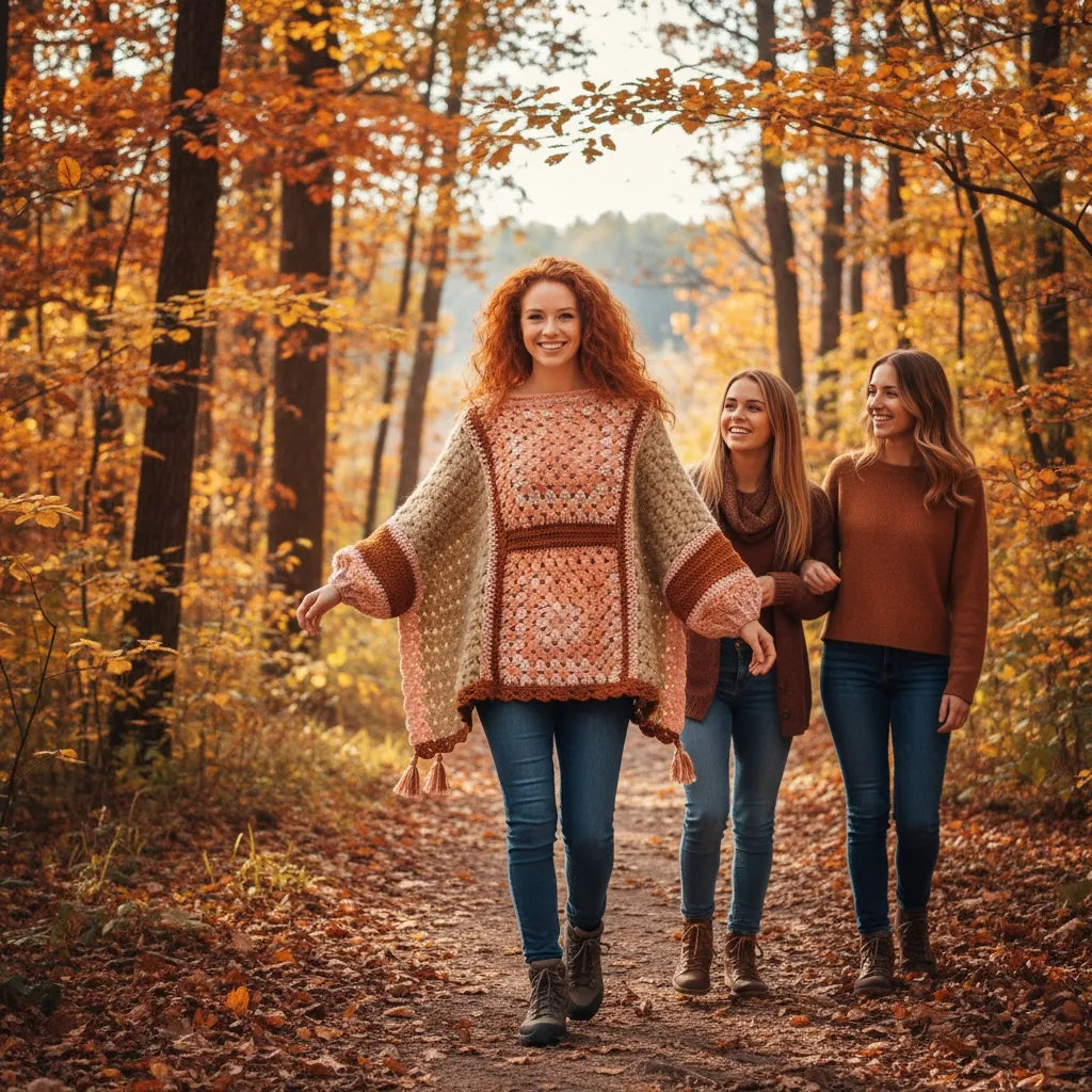 Poncho au crochet Pipistrello de Cachalabibi - vue de face d'une jeune femme en promenade sur un chemin forestier avec des amis