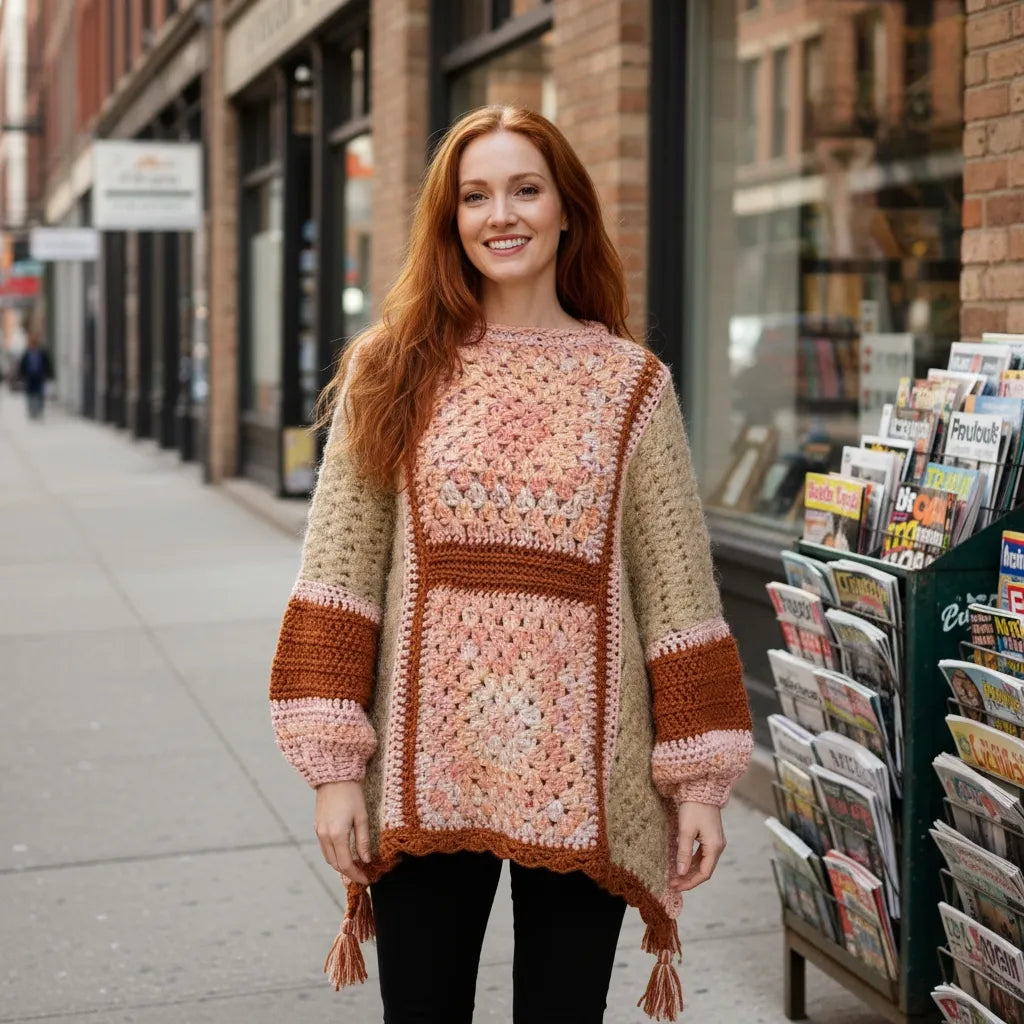 Poncho au crochet Pipistrello de Cachalabibi - vue d'une femme rousse devant une librairie sur un trottoir