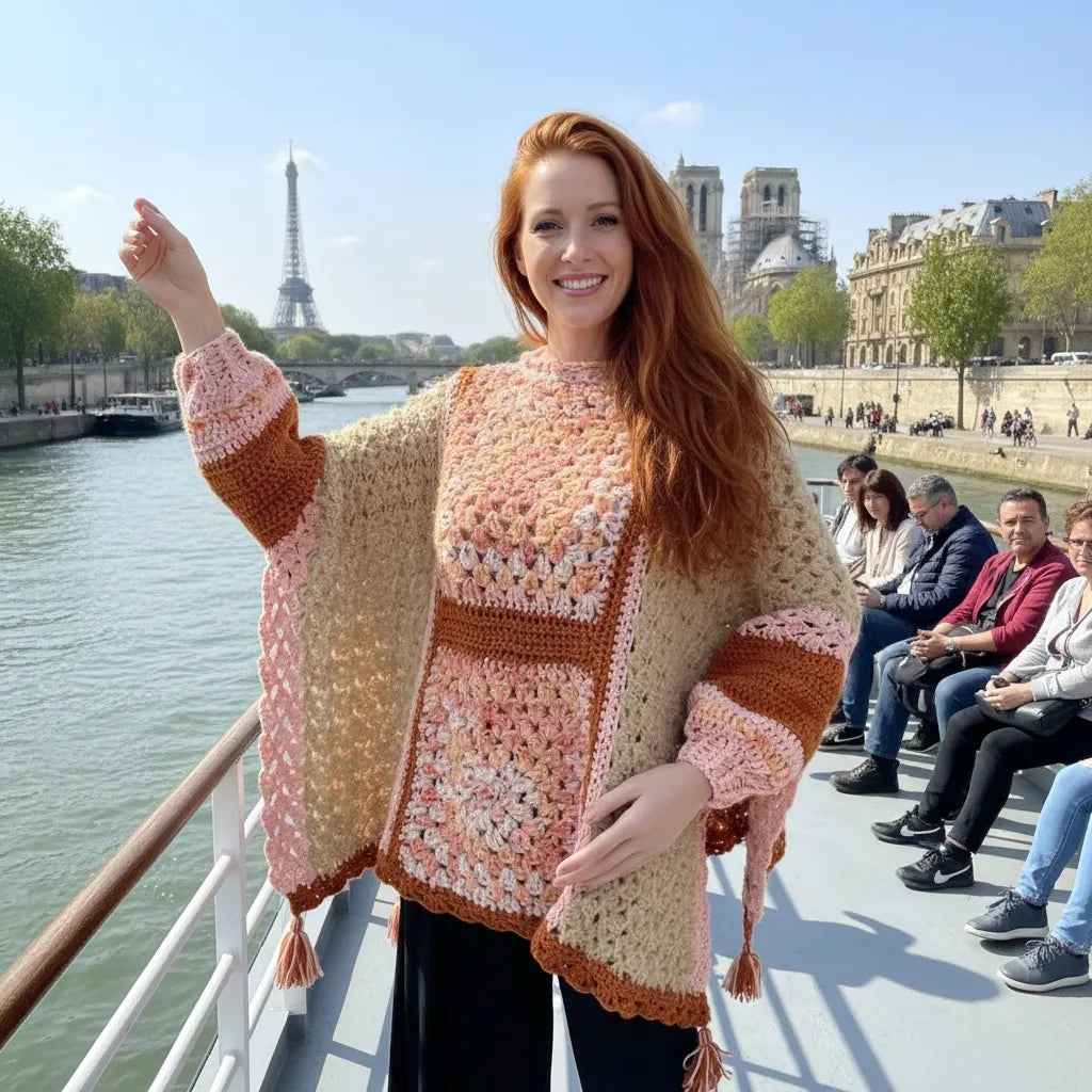 Poncho au crochet Pipistrello de Cachalabibi - vue de face sur les quais de Seine avec la Tour Eiffel en arrière-plan