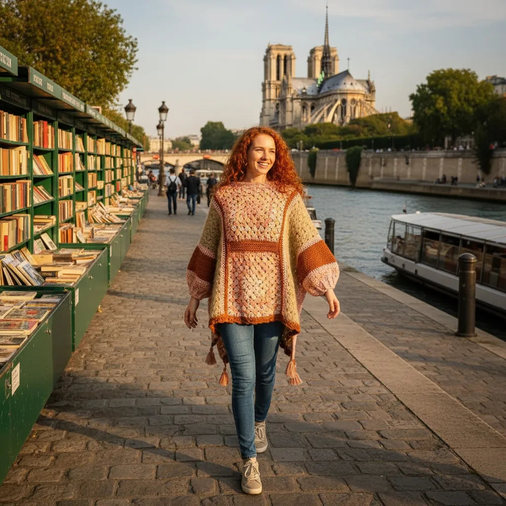 Poncho au crochet Pipistrello de Cachalabibi - vue de face d'une femme marchant sur le quai des bousquinistes