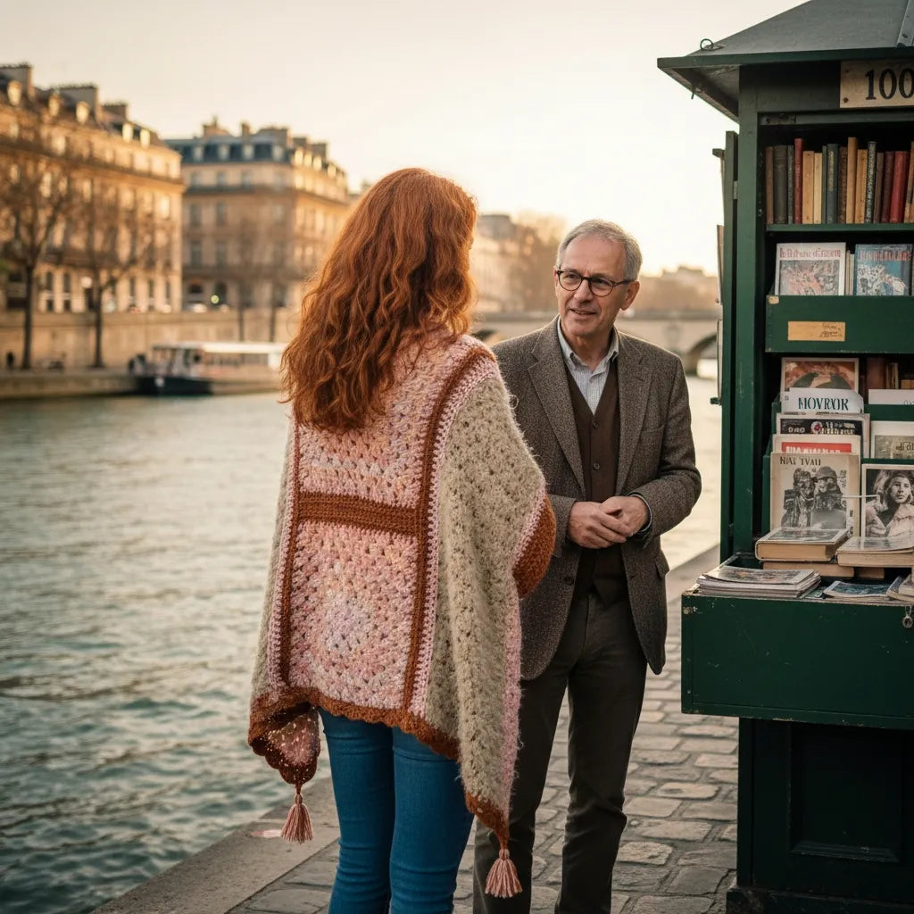 Poncho au crochet Pipistrello de Cachalabibi -  vue de dos sur les quais de Seine à Paris et discutant avec un bouquiniste