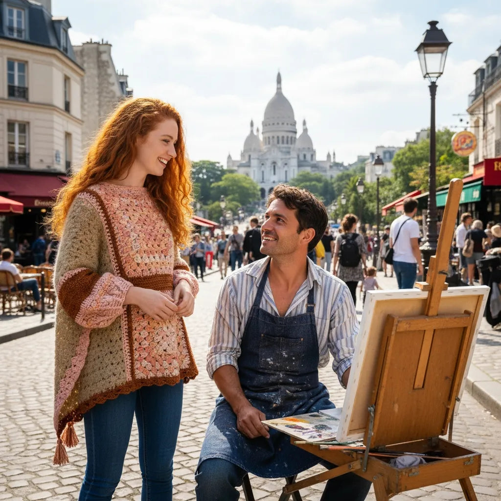 Poncho au crochet Pipistrello de Cachalabibi - vue de face sur la place du Tertre à Montmartre avec artistes peintres