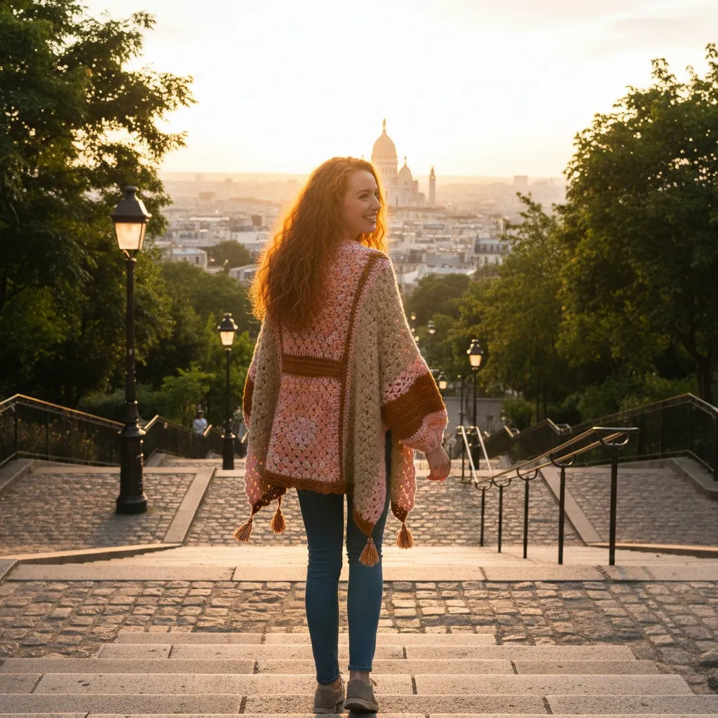 Poncho au crochet Pipistrello de Cachalabibi - vue de dos avec les escaliers de Montmartre avec le Sacré-Cœur 