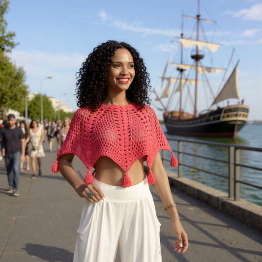 Poncho Pompirosa rose en laine avec maille ajourée géométrique porté de face