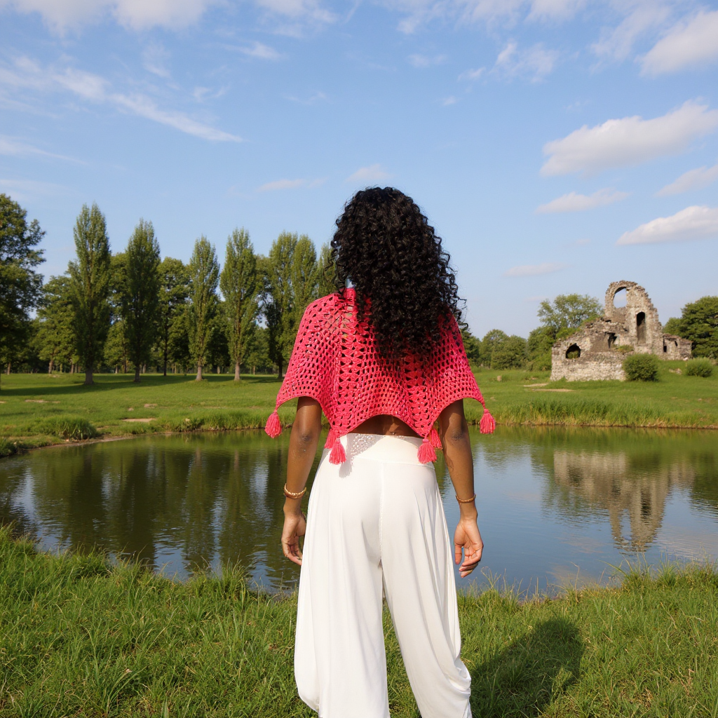  Poncho au crochet Pompirosa rose porté de dos devant ruines avec pantalon blanc