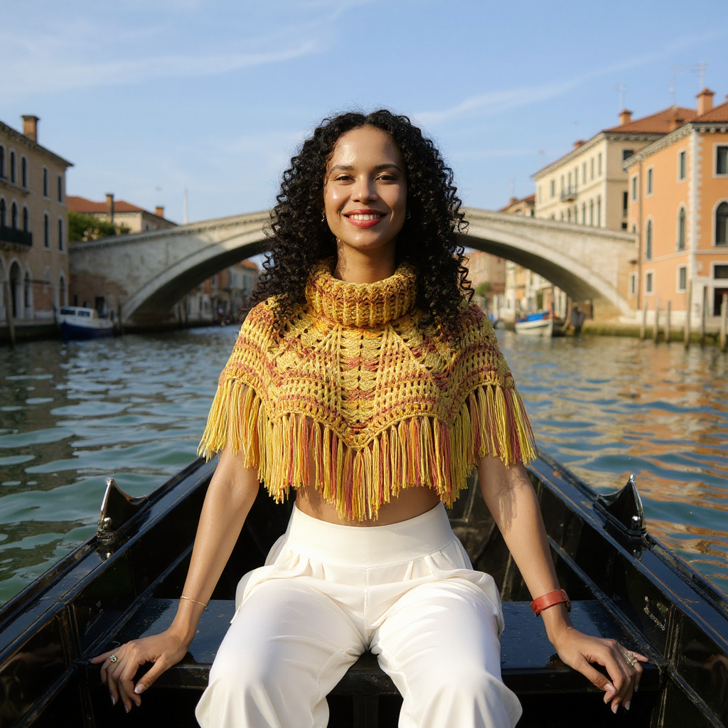 Poncho Pompisol jaune doré en gondole à Venise avec col montant et franges