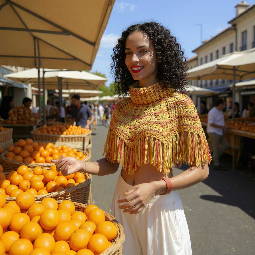 Poncho court Pompisol jaune porté au marché italien devant étals d'oranges