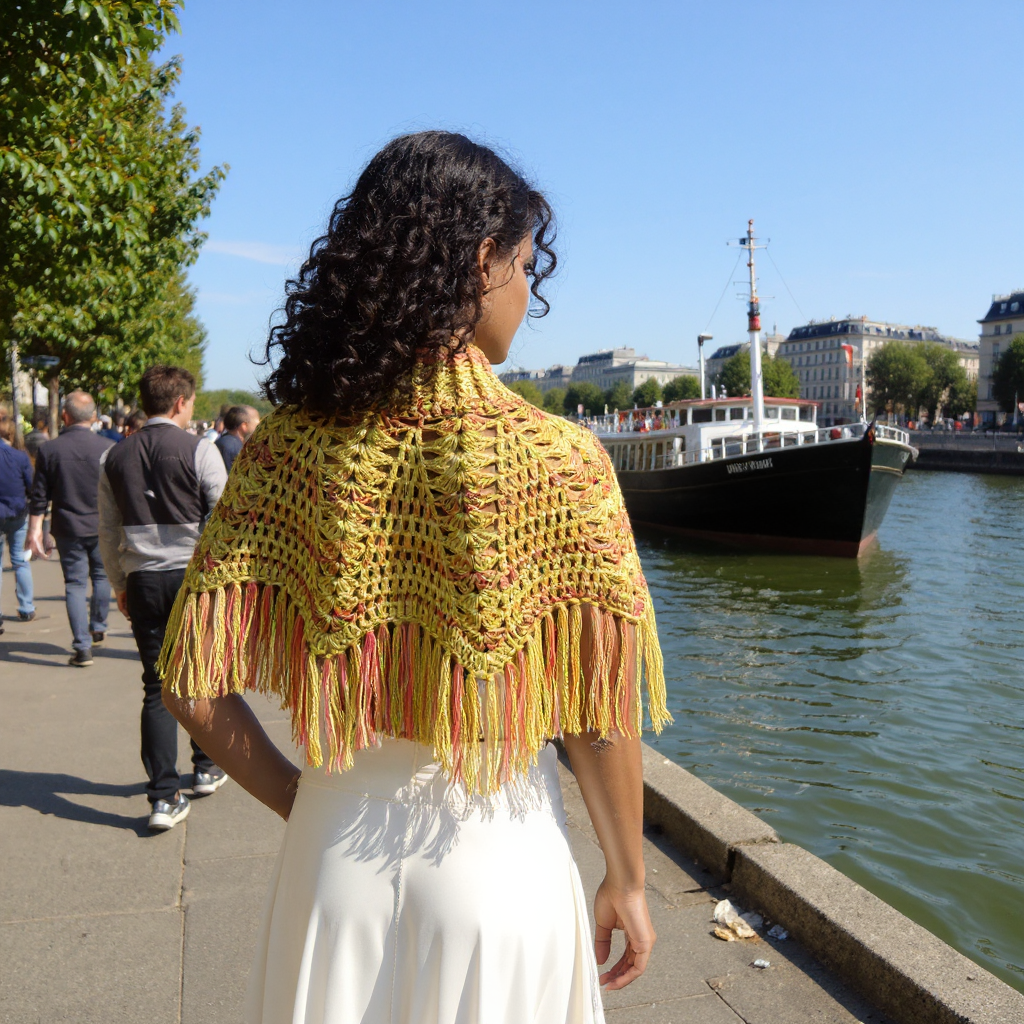 Vue arrière poncho Pompisol jaune avec franges multicolores sur les quais de Seine à Paris