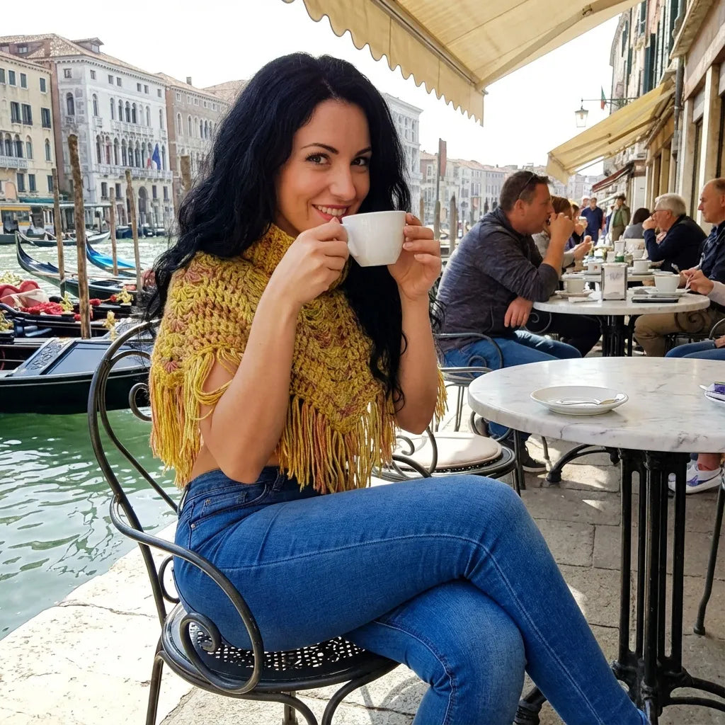 Poncho Pompisol court au crochet jaune doré porté à la terrasse d'un café à Venise