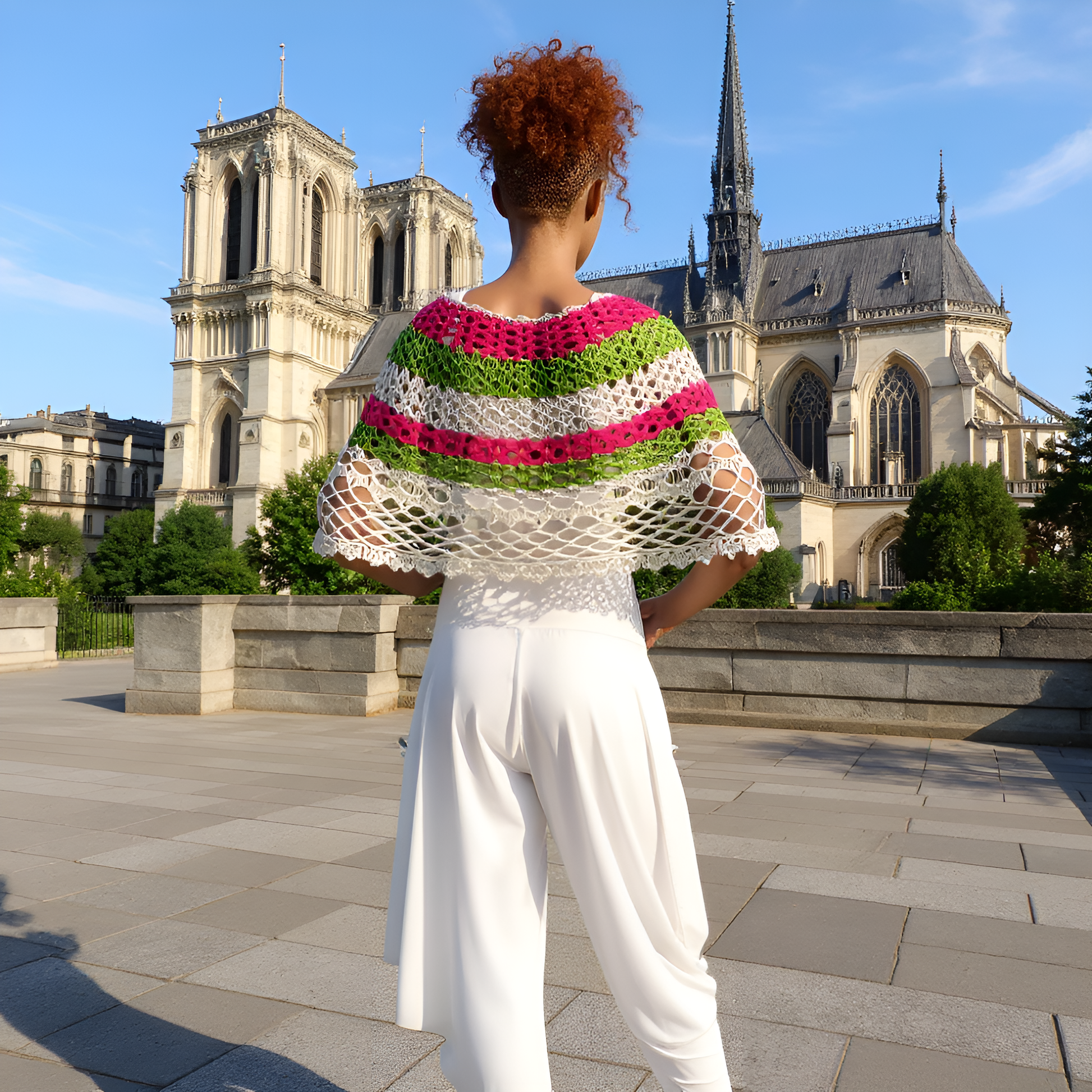 Vue arrière poncho au crochet Soir de Mai rayé fuchsia vert blanc devant Notre-Dame