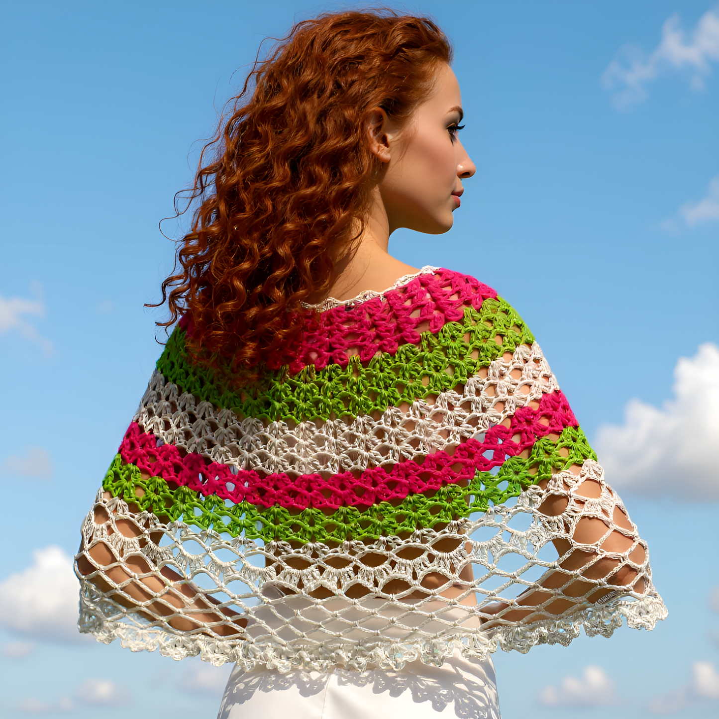 Détail vue de profil poncho au crochet Soir de Mai rayé fuchsia vert blanc en résille