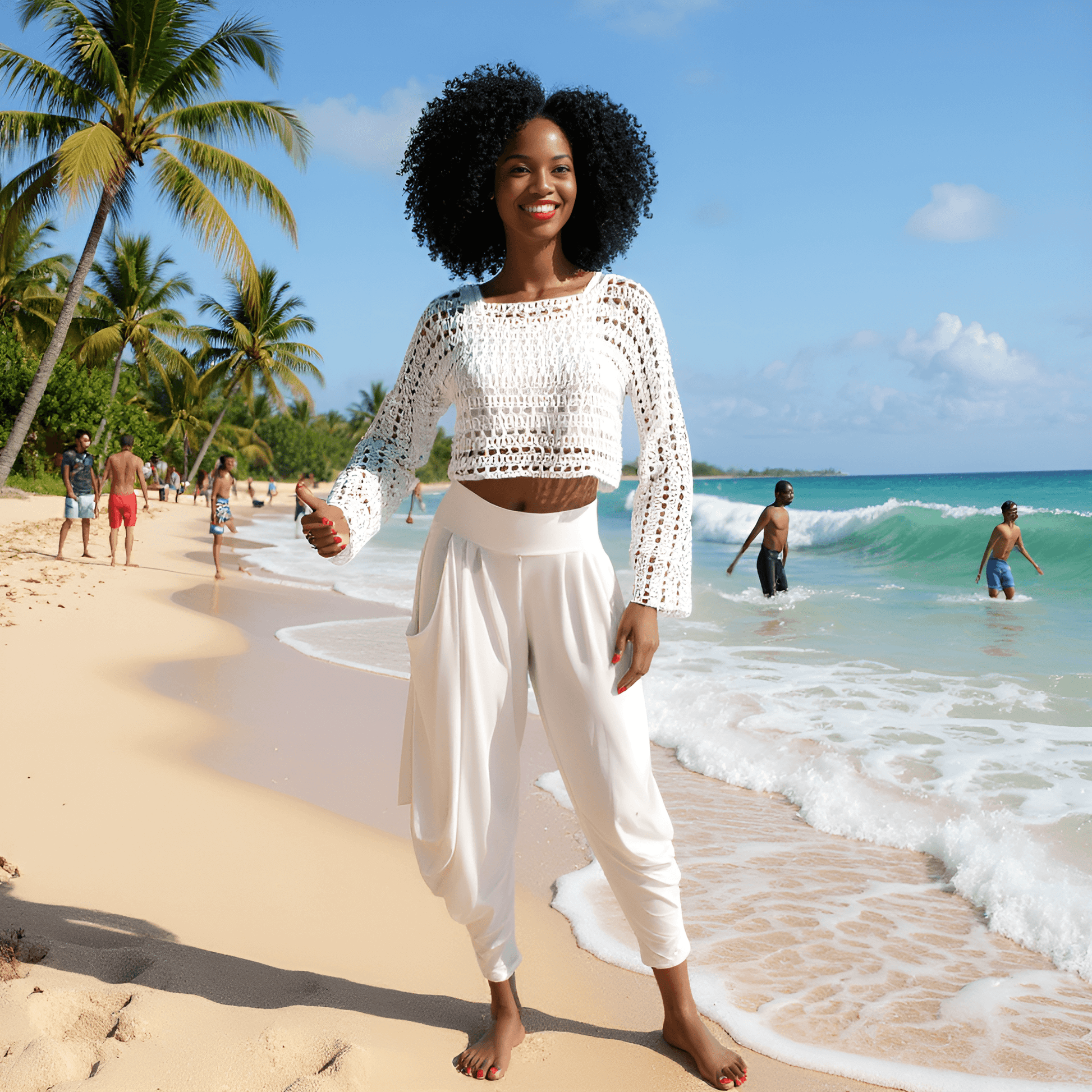 Pull au crochet Blancamo de Cachalabibi - de face sur une jeune fille sur la plage