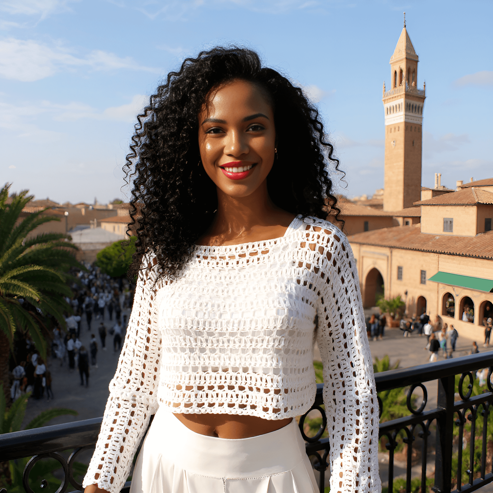 Pull au crochet Blancamo de Cachalabibi - vue d'une terrasse au Maroc