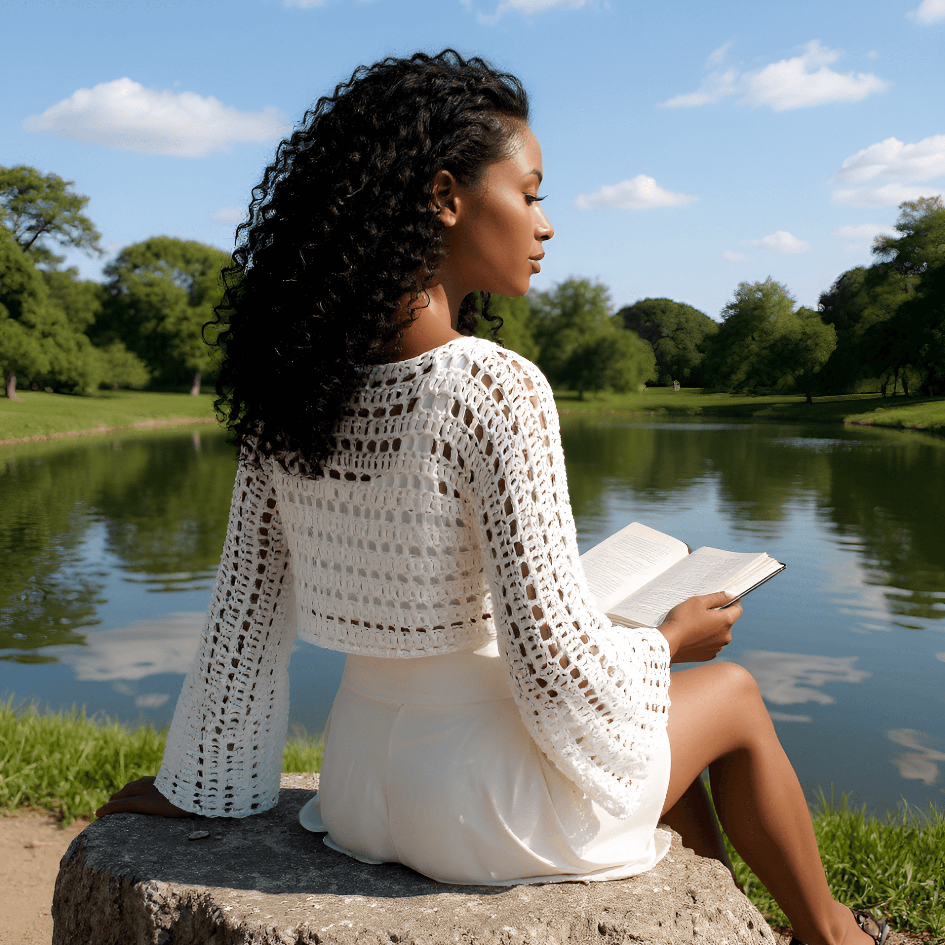 Pull au crochet Blancamo de Cachalabibi - sur les épaules d'une demoiselle qui lit