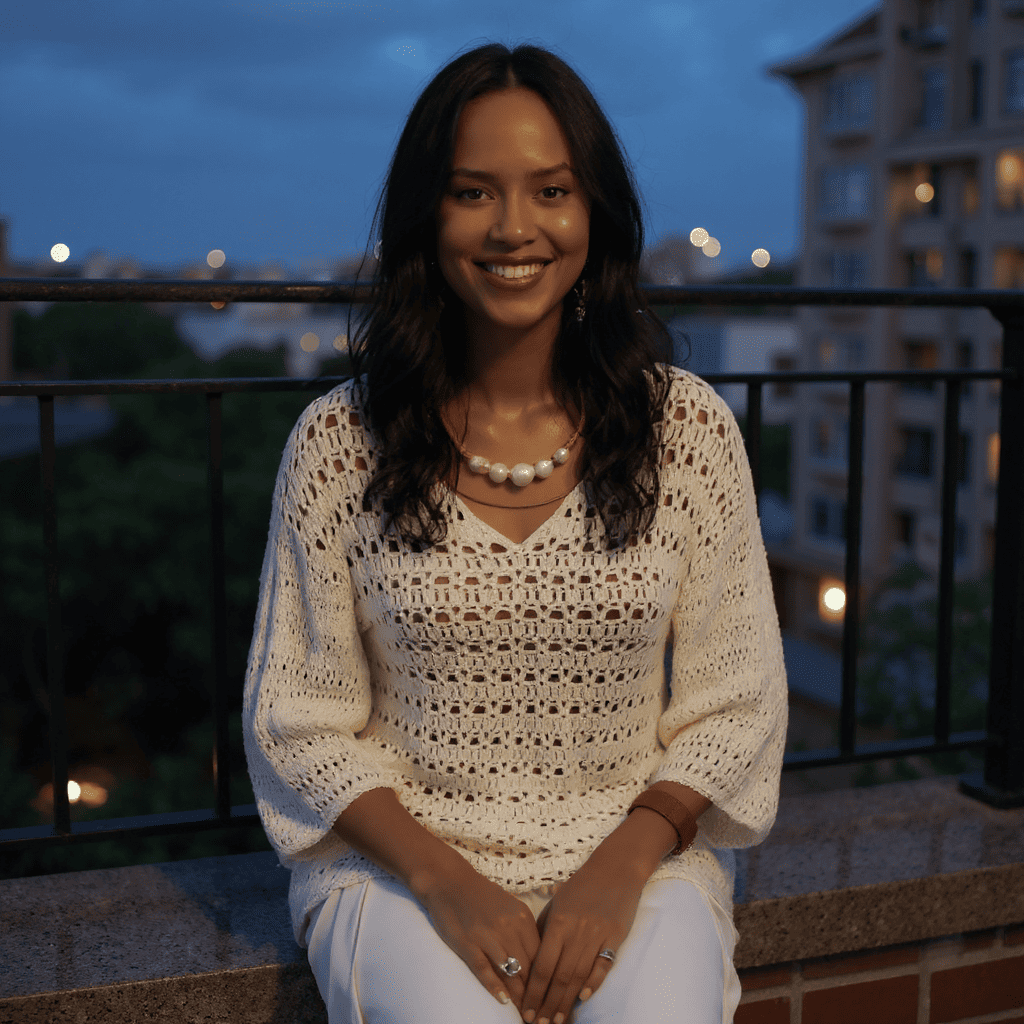 Pull au crochet Butterfly de Cachalabibi - vue de face d'ne jeune femme assise sur une bordure de parapet le soir tombé