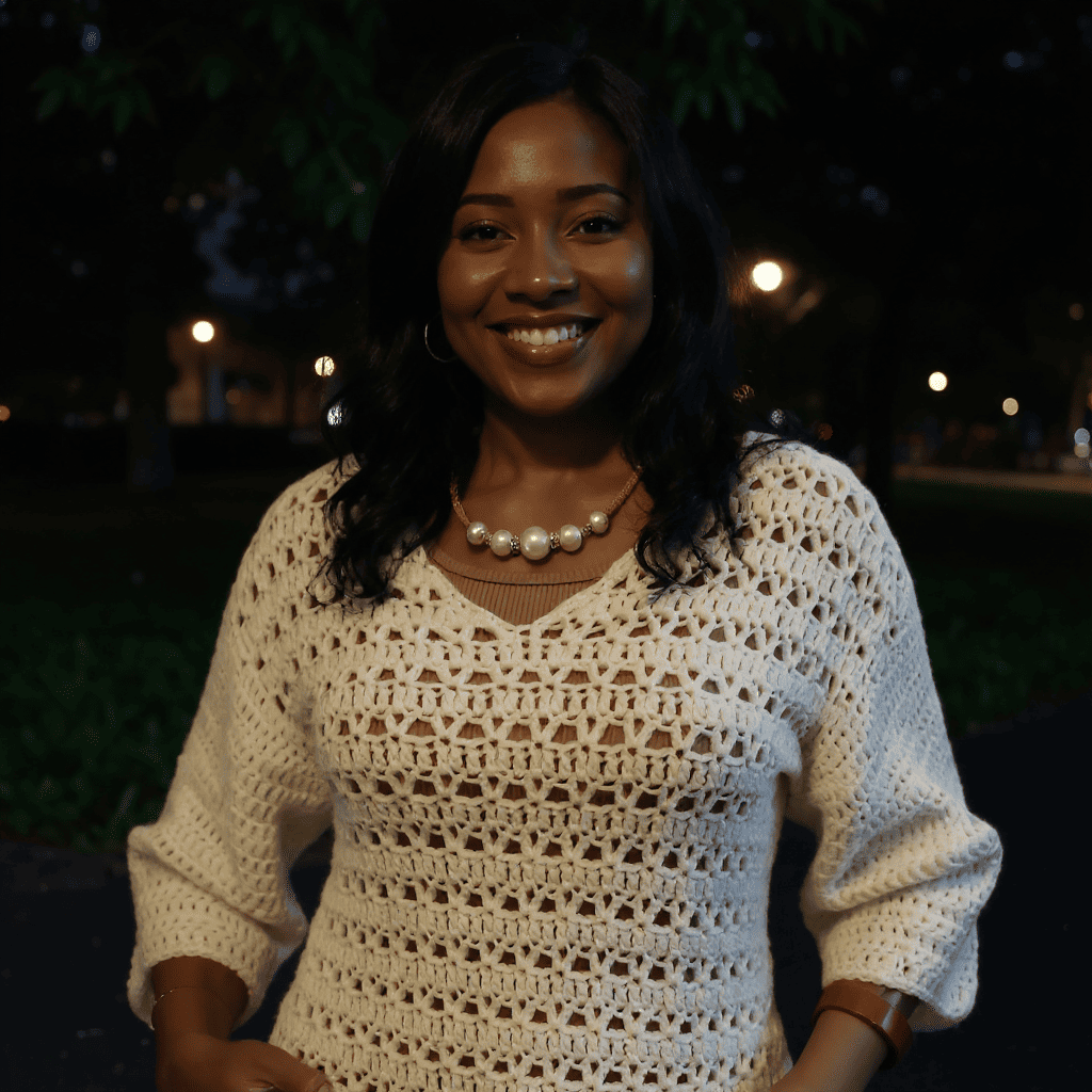 Pull au crochet Butterfly de Cachalabibi -vue de face d'une jeune fille souriante