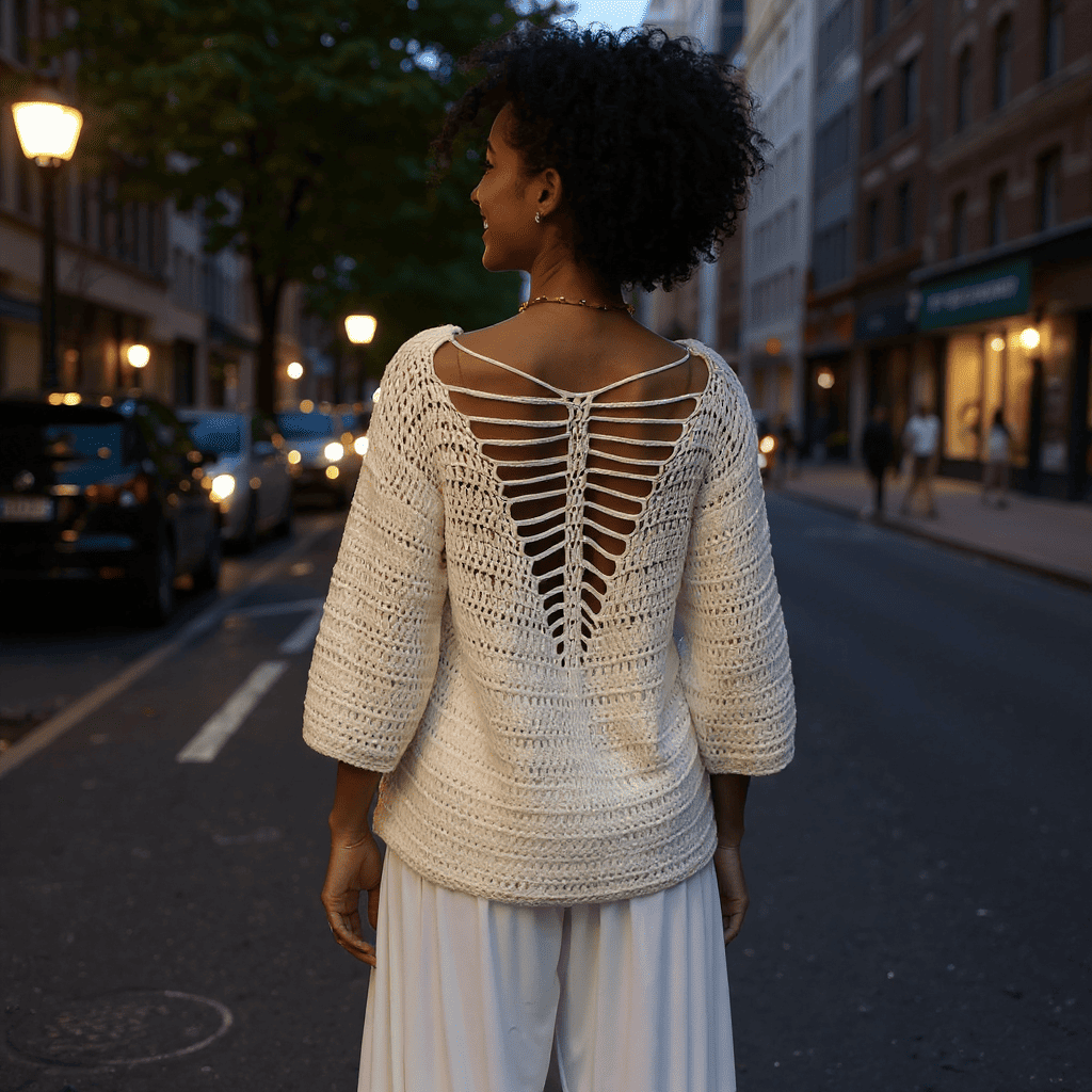 Pull au crochet Butterfly de Cachalabibi - vue de dos sur une femme brune à la nuit tombée