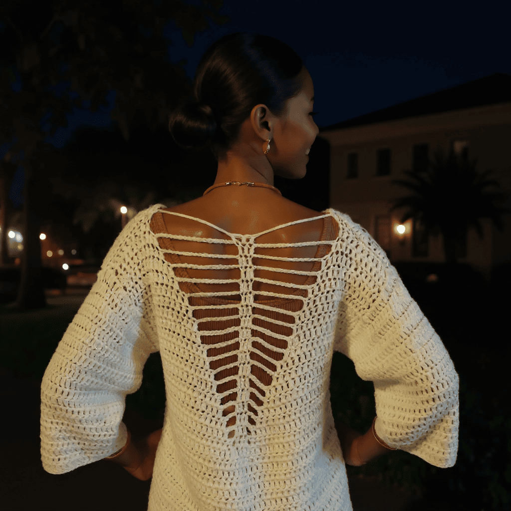 Pull au crochet Butterfly de Cachalabibi - vue du dos du pull sur une jeune femme à la nuit tombée