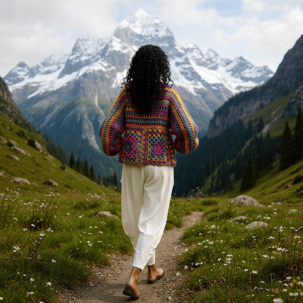 Pull au crochet Caïnca de Cachalabibi - vue de dos sur un chemin de montagne