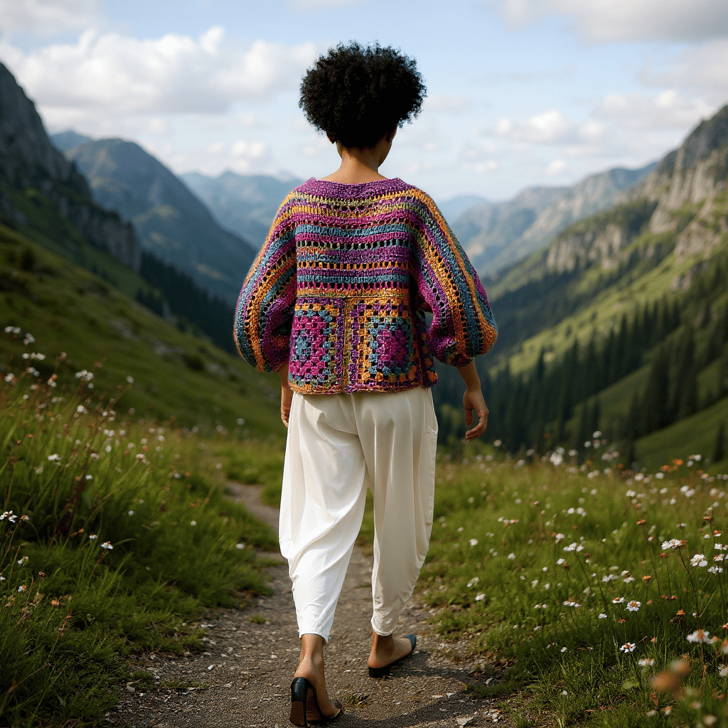 Pull au crochet Caïnca de Cachalabibi - vue de dos d'une jeune femme sur un sentier de montagne