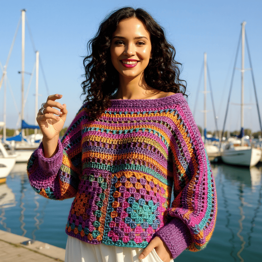 Pull au crochet Caïnca de Cachalabibi - vue de face dans une marina