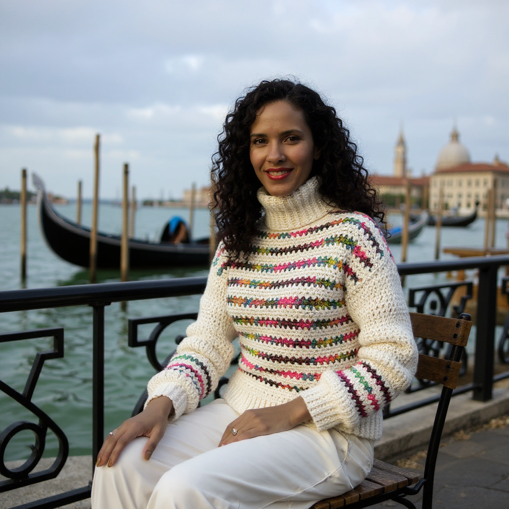 Pull au crochet fait main Madelina avec rayures multicolores