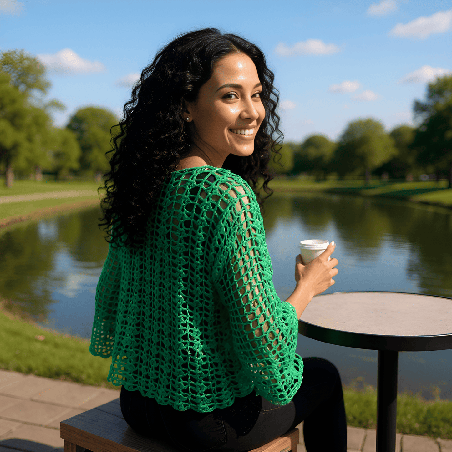 Pull au crochet Marimar de Cachalabibi - vue de dos d'une jeune femme qui sourit près d'un étang