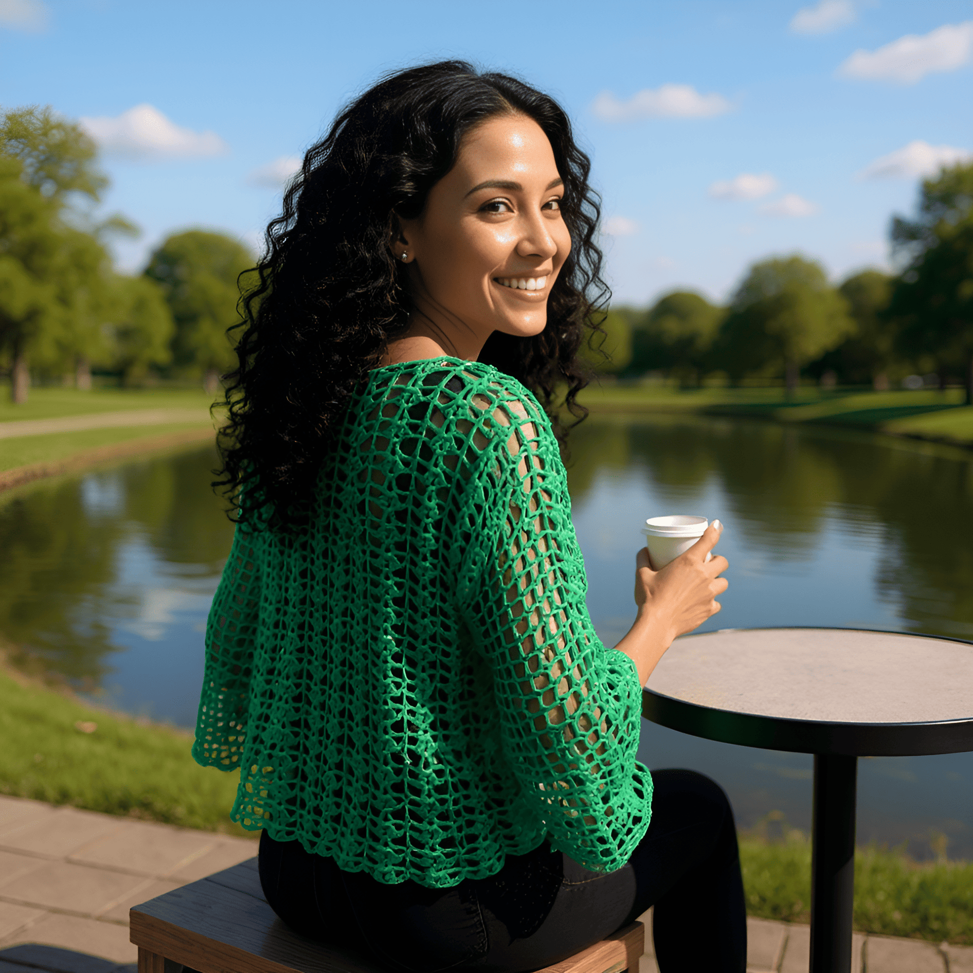 Pull au crochet Marimar de Cachalabibi - vue de dos d'une jeune femme qui sourit près d'un étang