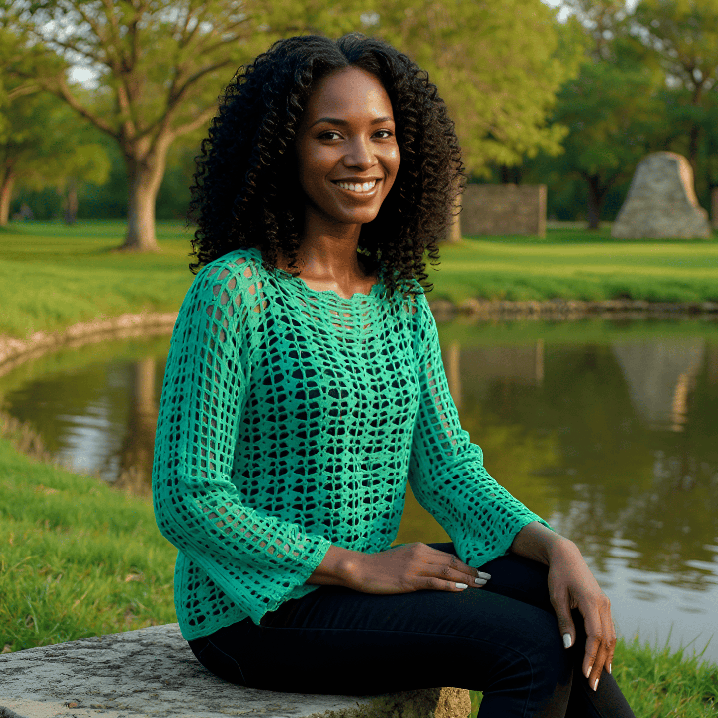 Pull au crochet Marimar de Cachalabibi - vue de côté d'une jeune demoiselle assise sur une pierre près d'un étang