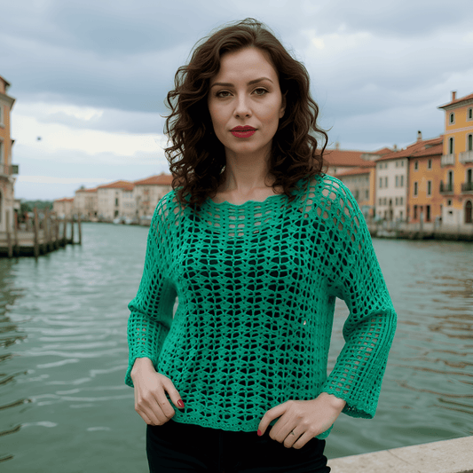 Pull au crochet Marimar de Cachalabibi -vert émeraude fait main porté style bohème artisanal