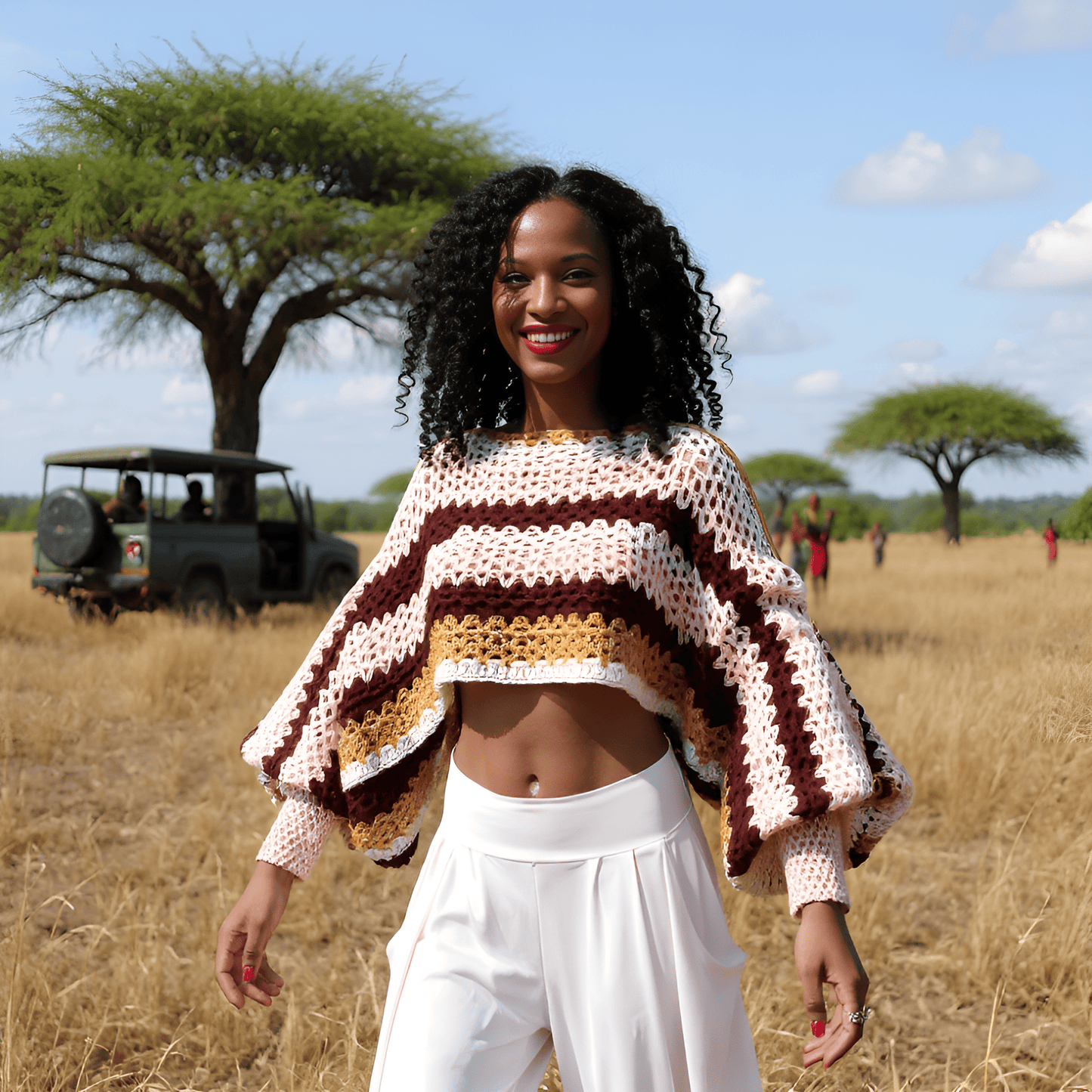 Pull au crochet MasaÏ de Cachalabibi - vue de face dans la brousse