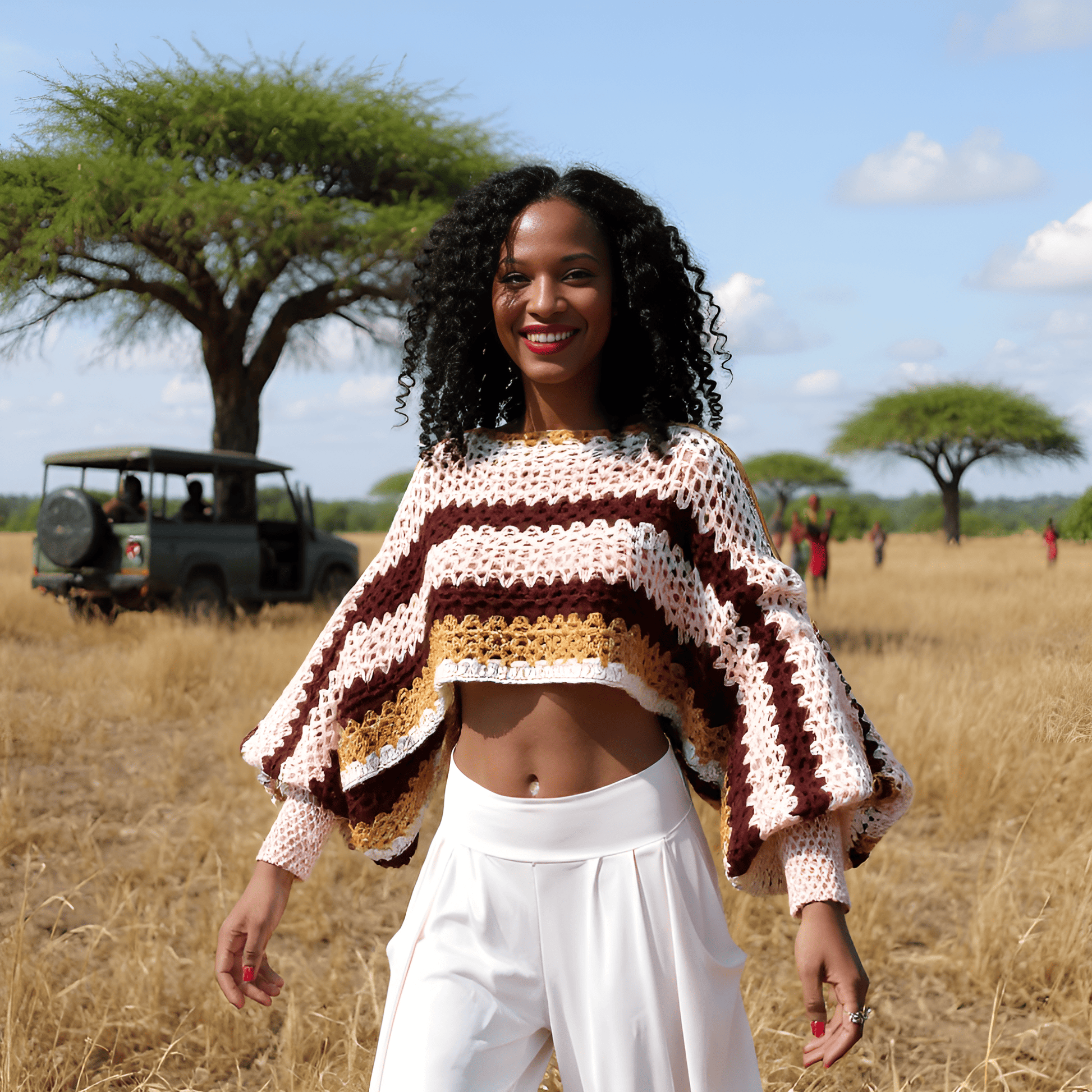 Pull au crochet MasaÏ de Cachalabibi - vue de face dans la brousse