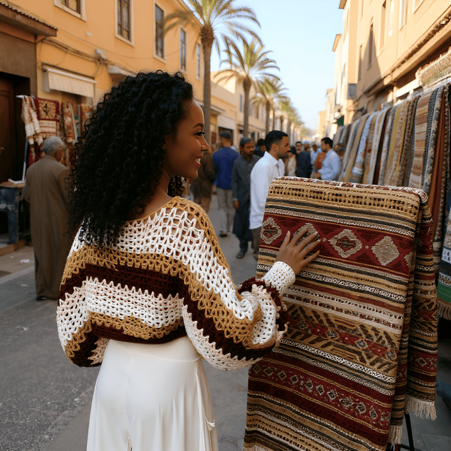 Pull au crochet MasaÏ de Cachalabibi -Demoiselle devant un tapis de laine