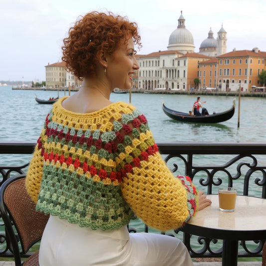 Pull au crochet fait main Barcarola de Cachalabibi - jaune - depuis une terrasse vénitienne
