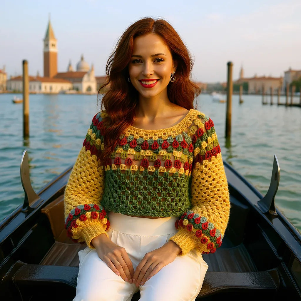 Pull au crochet Barcarola de Cachalabibi - vue de face d'une jeune femme assise dans une gondole à Venise
