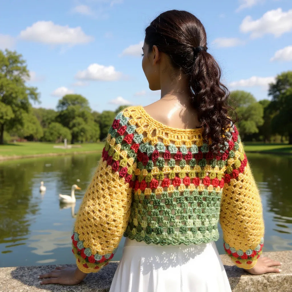 Pull au crochet Barcarola de Cachalabibi - vue de dos au bord du lac avec les cygnes