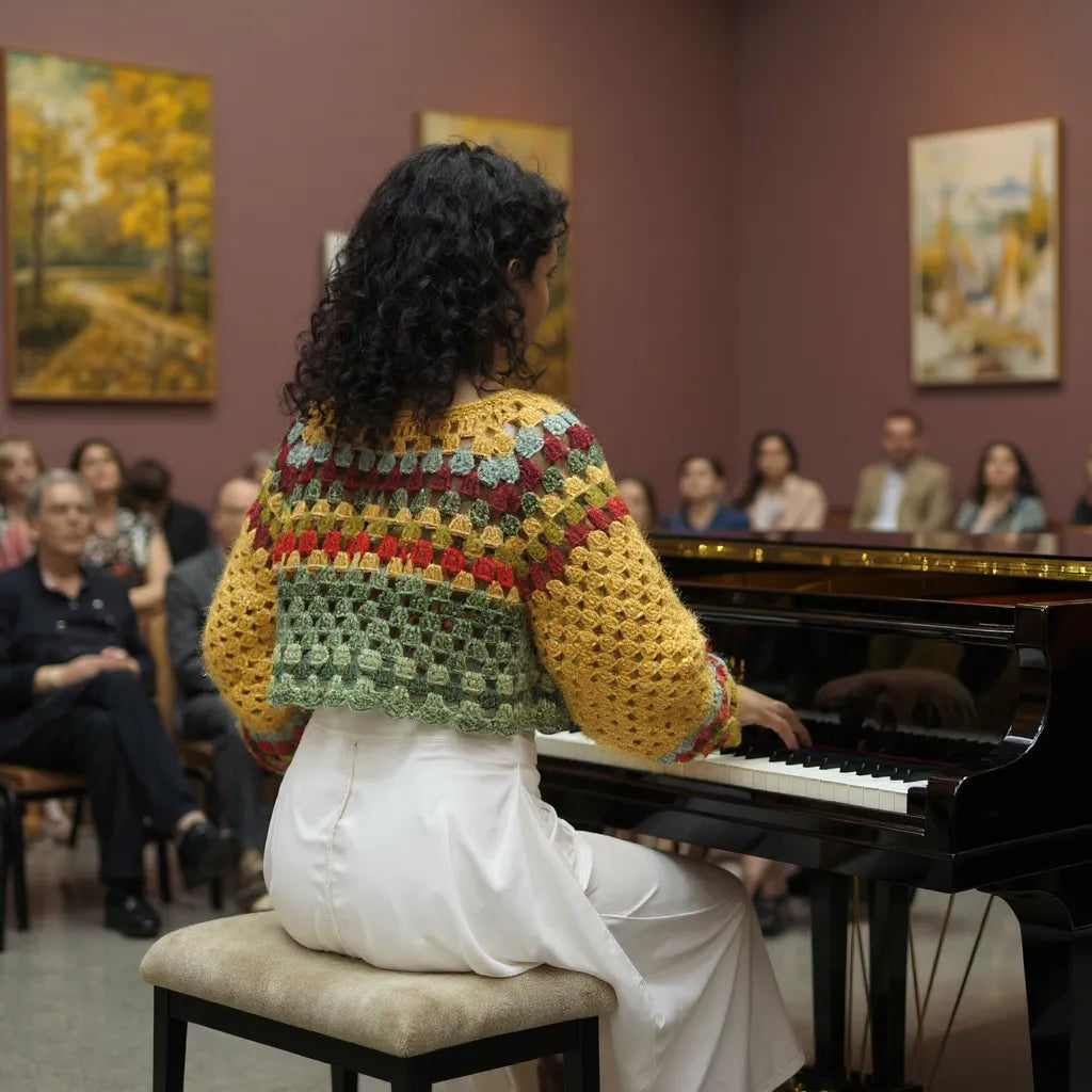 Pull au crochet Barcarola de Cachalabibi - vue de dos au concert de piano