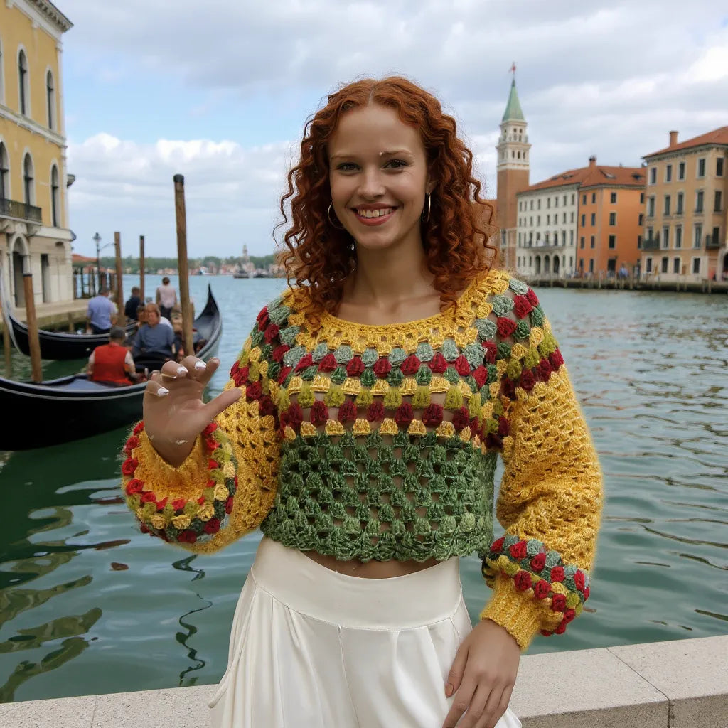 Pull au crochet Barcarola de Cachalabibi - vue de face au bord du canal vénitien